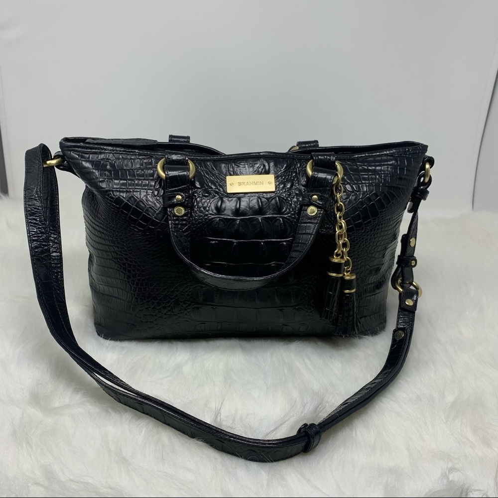 Brahmin Mini Asher Melbourne Embossed Leather Satchel Black - Picture 2 of 12